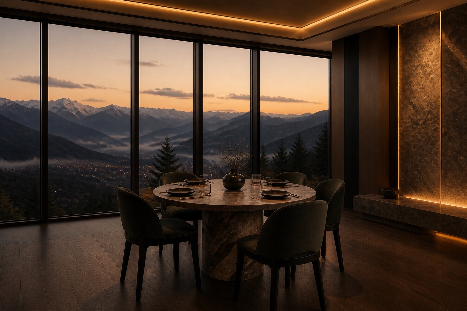 A small dining table in the private room, mountains at dusk